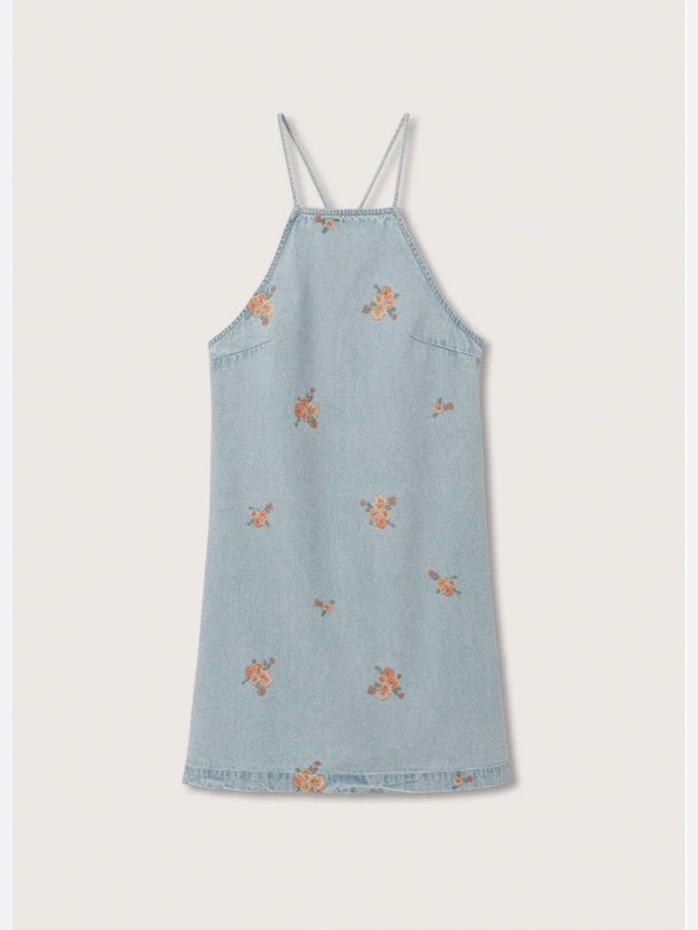 🆕 Mango Light Blue Denim Mini Dress with Peach Floral Embroidery